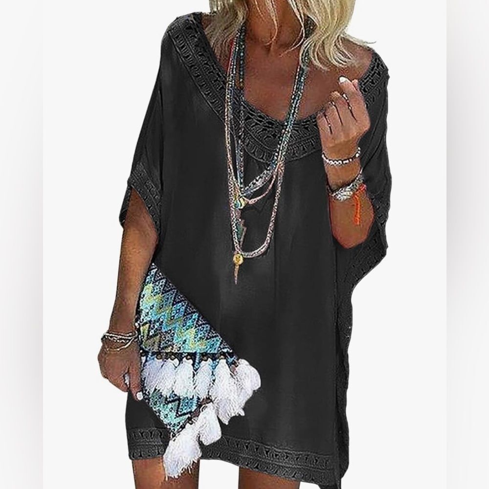 Women’s Cover Up Dress - Crochet, Hollow Out, Beach/Pool Swimwear - Black - NWT